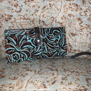 Floral Embossed Leather Clutch - Brown and Blue